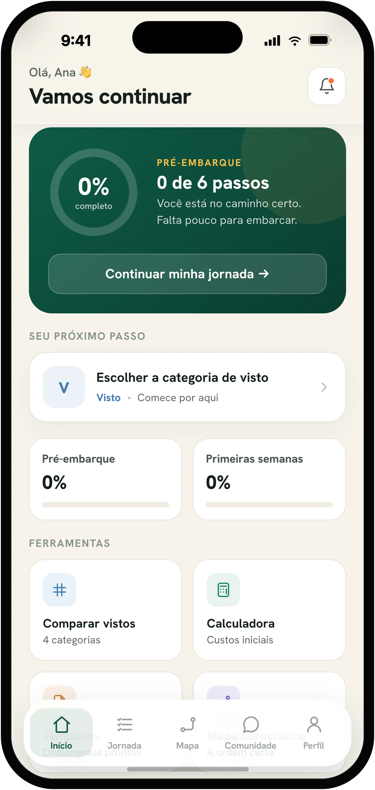 Prototype home screen for Ana: a progress ring, a next-step card, phase progress and a grid of tools including the visa comparison, cost calculator, templates and map. The interface is in Portuguese.