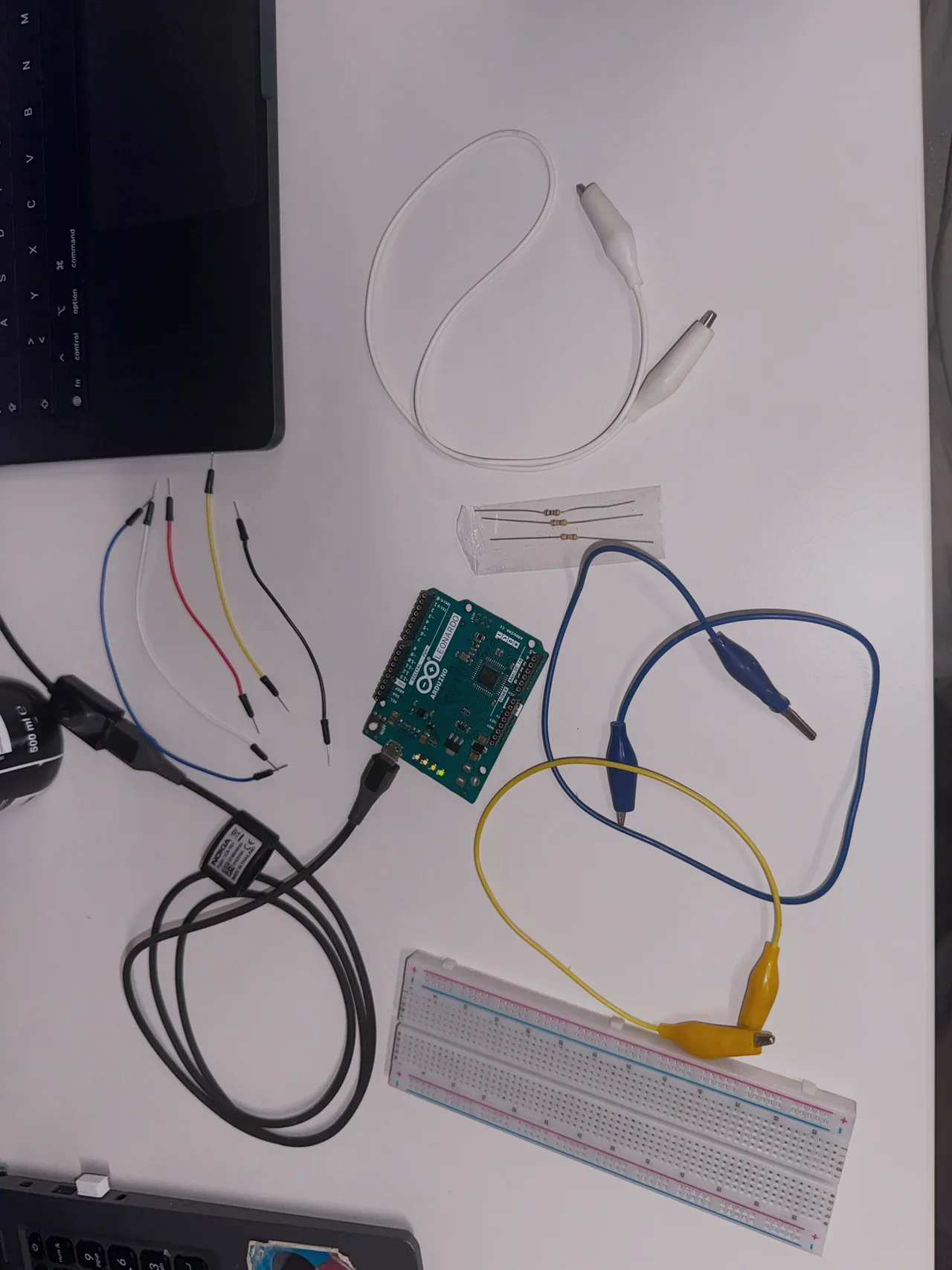 Flat lay of the kit: an Arduino Leonardo, jumper wires, alligator clips, a breadboard, a USB cable and resistors.